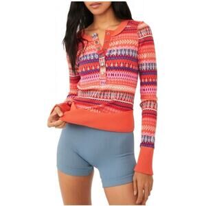 Free People FP Movement Rally Rib Henley Top In Fired Up Combo Large